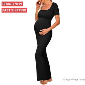 Maternity Maxi Dress Ribbed Bodycon Square Neck Short Sleeve Baby Shower
